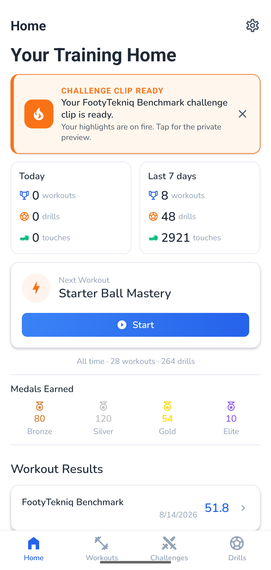 FootyTekniq training home with workout, drill, and touch totals